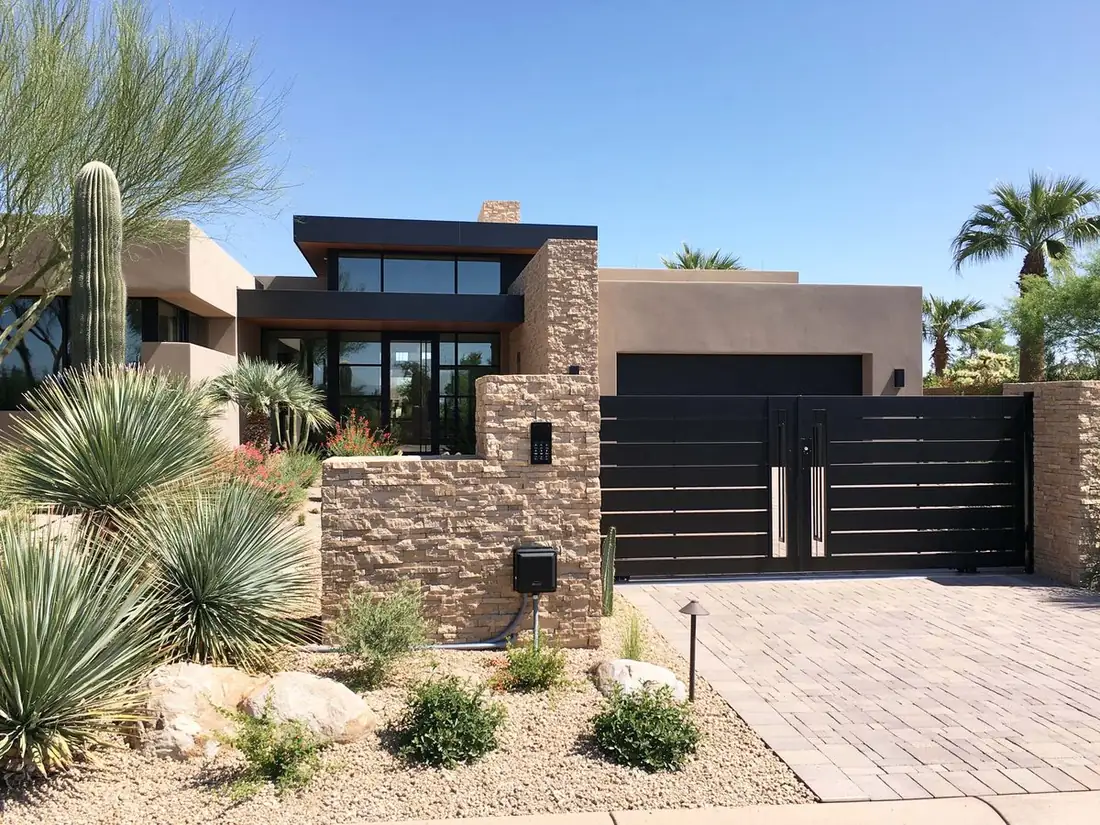 Keypad and gate operator mounted on a stone pillar beside a black automatic driveway gate at a modern Tempe, AZ home