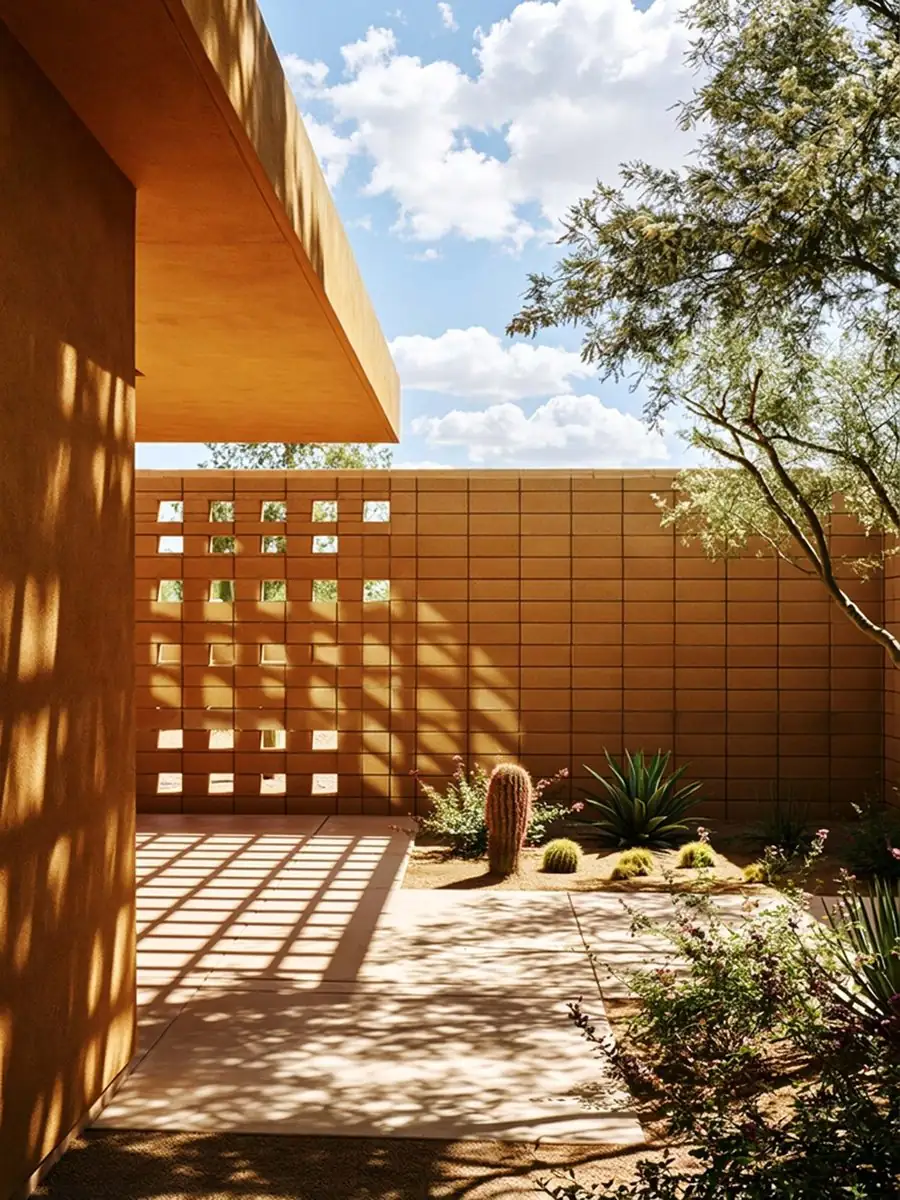 New block wall in Tempe, AZ seen from inside the courtyard it encloses, with a decorative block panel and desert planting