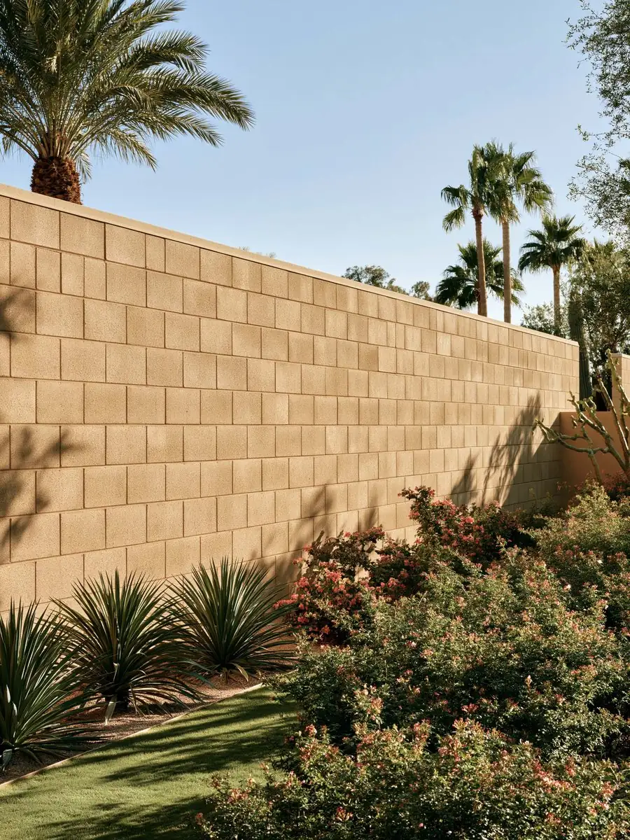 Finished tan block wall running along a desert-landscaped back yard in Tempe, AZ