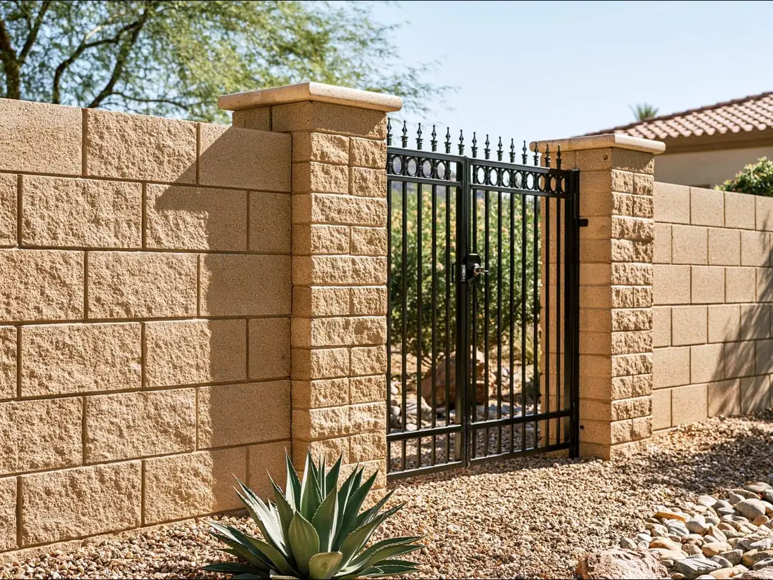Repaired tan block wall and pilaster in Tempe, AZ with a black iron gate hanging square and a crisp cap line