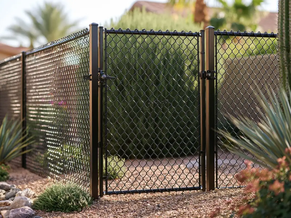 Black vinyl coated chain link gate in Tempe, AZ hanging square between two posts, the mesh taut and the latch clean and aligned