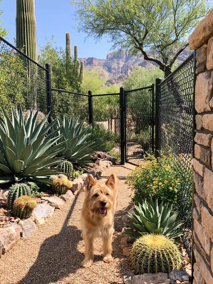 Dog standing on a gravel path beside a black vinyl coated chain link fence in Tempe, AZ, the dark mesh all but disappearing against the agave and desert planting