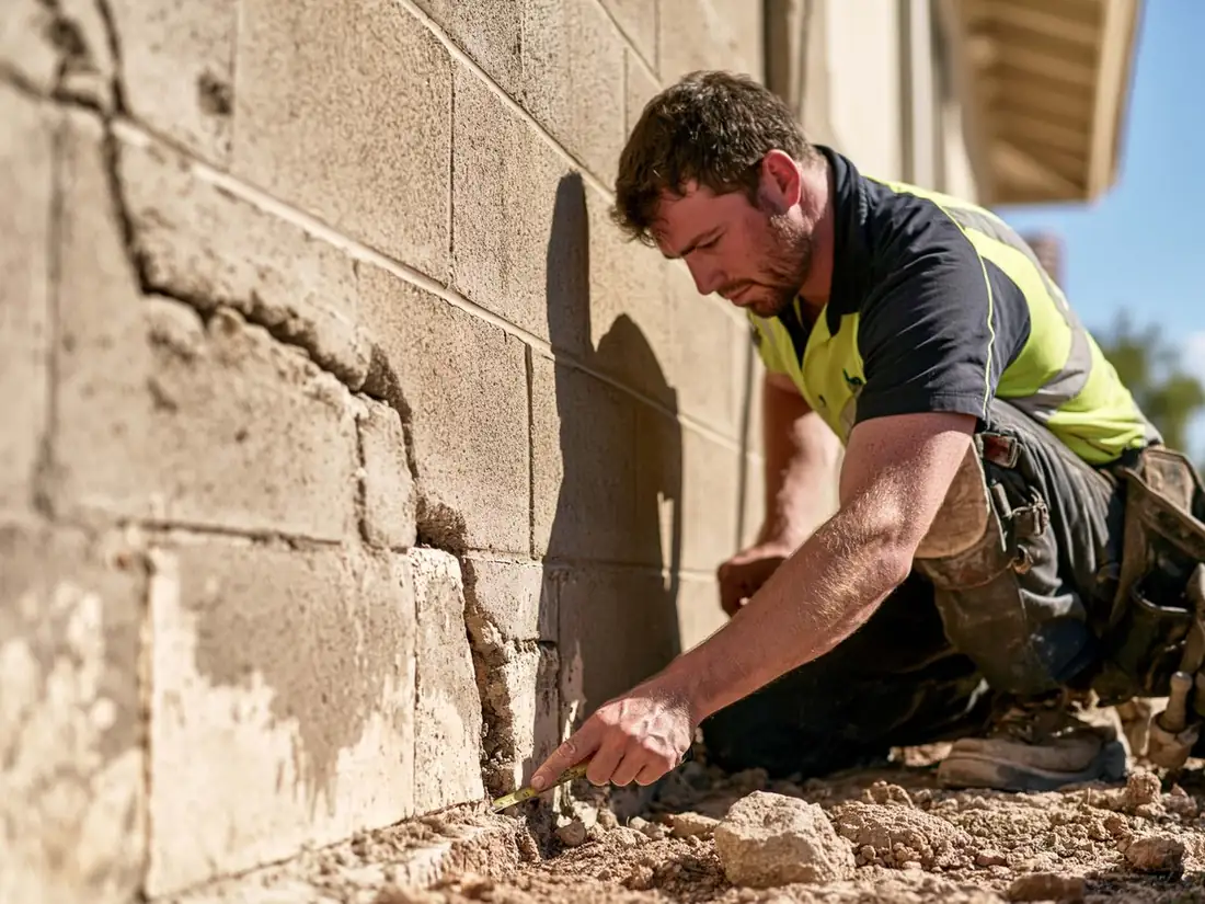 Fence contractor kneeling at the base of a cracked Tempe, AZ block wall, measuring at the footing line with a tape where the mortar joint has opened and the block face has spalled