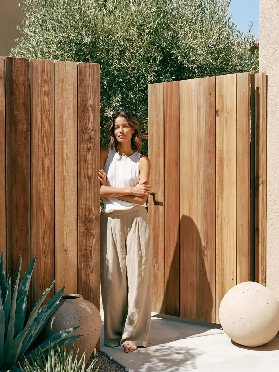 Homeowner leaning against a finished cedar gate at a Tempe, AZ home, the boards even and the gate standing true