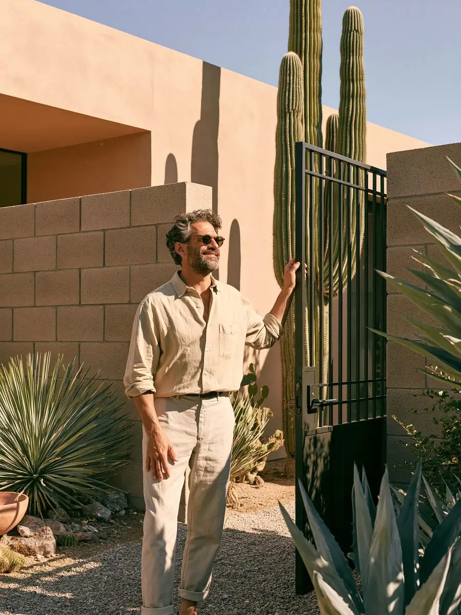 Homeowner easing open a black iron side gate in a block wall at a Tempe, AZ home, the gate swinging clean on its hinges