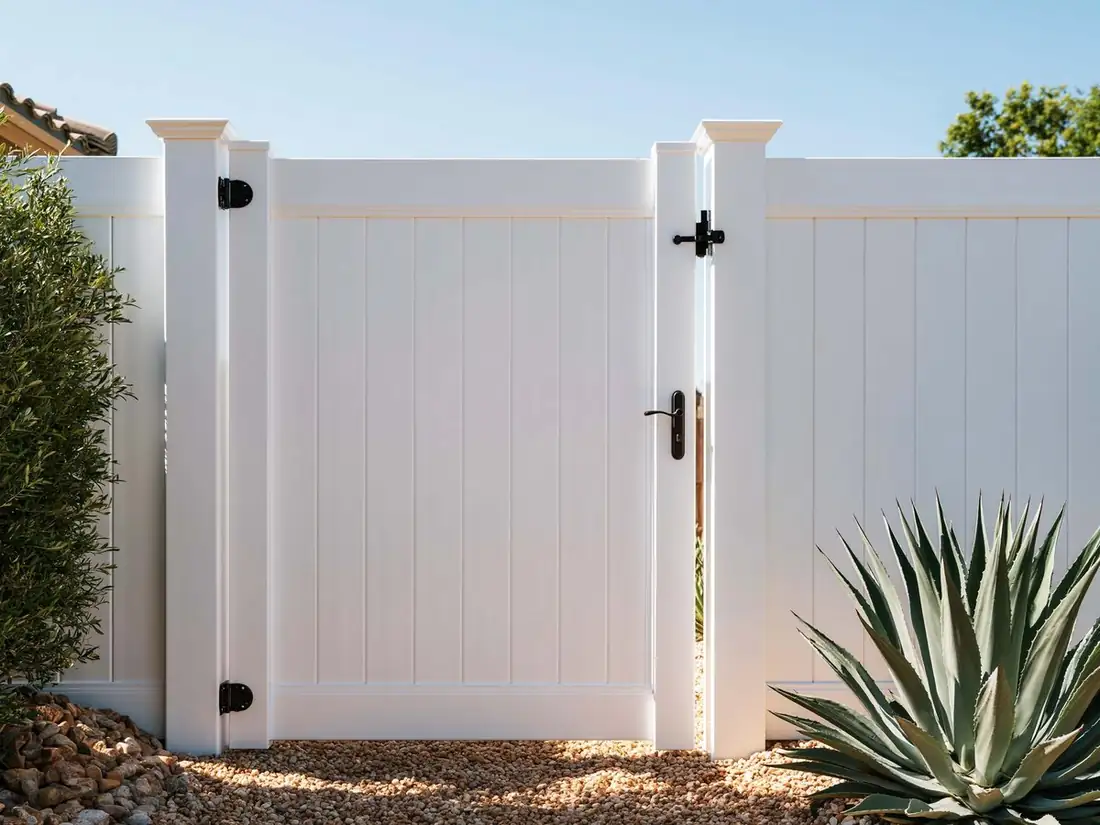 White vinyl gate hanging square in a vinyl privacy fence in Tempe, AZ, the panel bright and unmarked with black hardware and an agave alongside