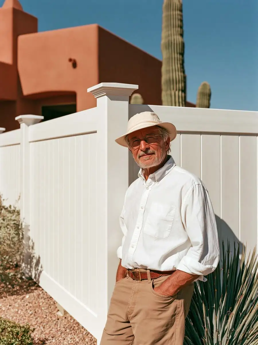 Homeowner standing at the corner of a new white vinyl privacy fence at a Tempe, AZ adobe home, the panels bright and uniform behind him