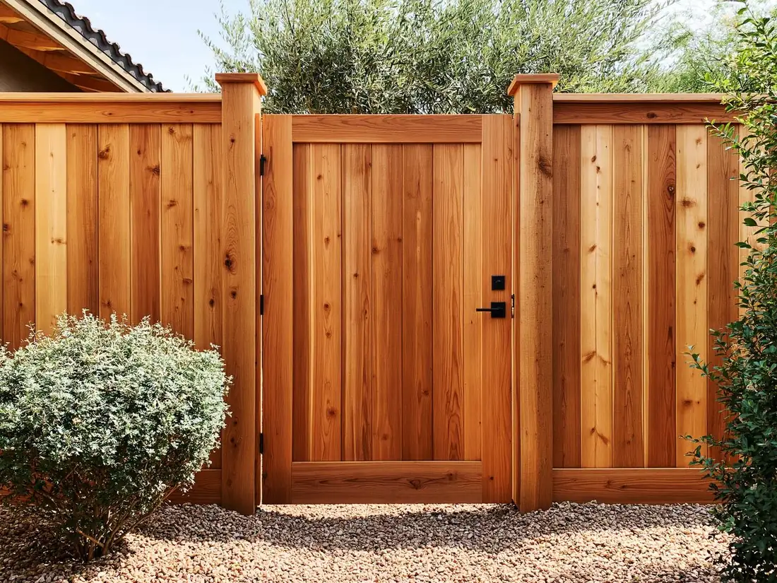 Cedar gate hanging square in a new wood privacy fence in Tempe, AZ, boards flush and matched with clean black hardware