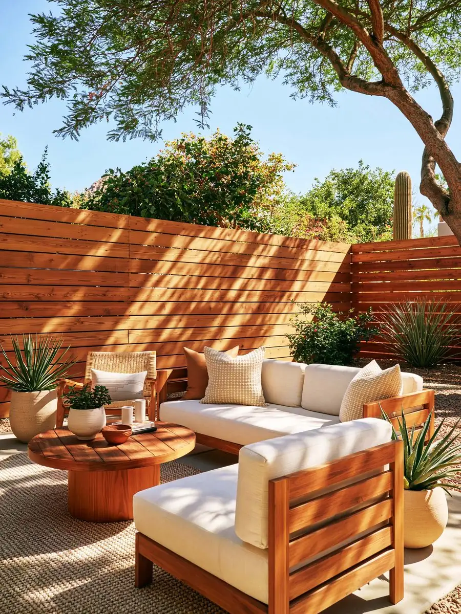 Shaded patio enclosed by a new horizontal cedar fence at a Tempe, AZ home, with a mesquite overhead and desert planting along the run