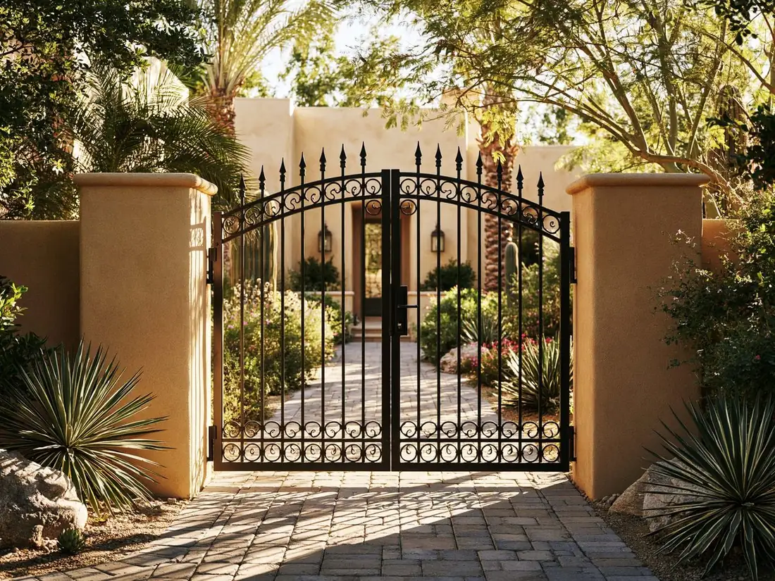 Black wrought iron gate set into a tan block wall at a Tempe, AZ home, hanging square with a smooth satin finish