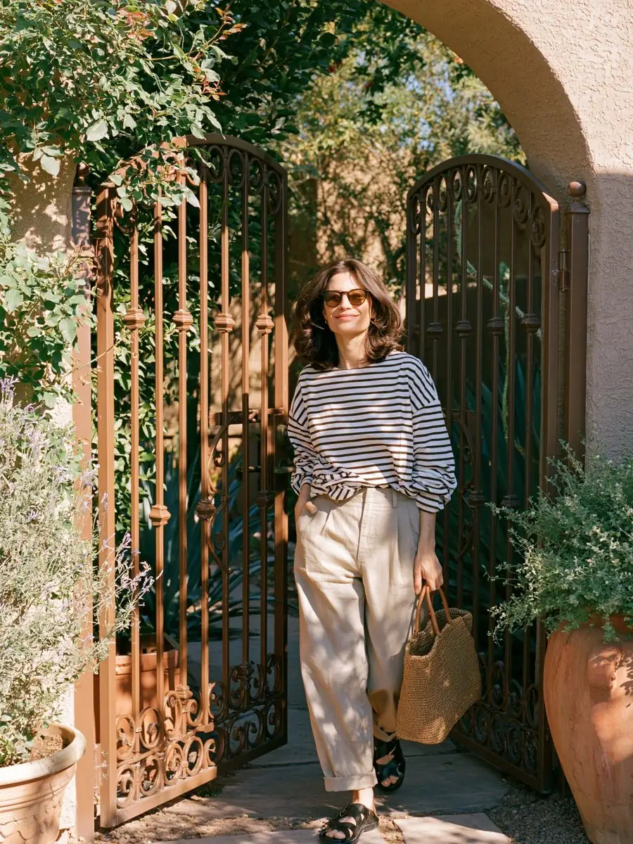 Homeowner walking through a decorative wrought iron gate under a stucco arch at a Tempe, AZ home, the gate swinging free on its hinges